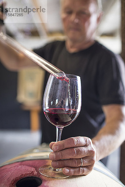 Sommelier gießt mit einer Pipette Wein aus einem Fass in ein Glas