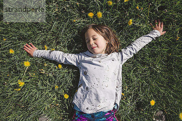 Ein glückliches Kind legt sich in ein Feld mit Wildblumen mit geschlossenem Editorial