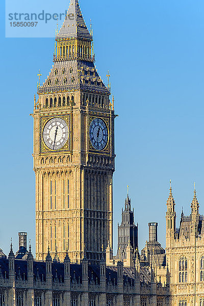 Der Glockenturm von Big Ben (Elizabeth Tower) über dem Palace of Westminster  die Häuser des Parlaments des Vereinigten Königreichs  London  England  Vereinigtes Königreich