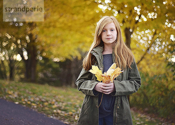 Schönes rothaariges Mädchen hält Herbstlaub im Freien
