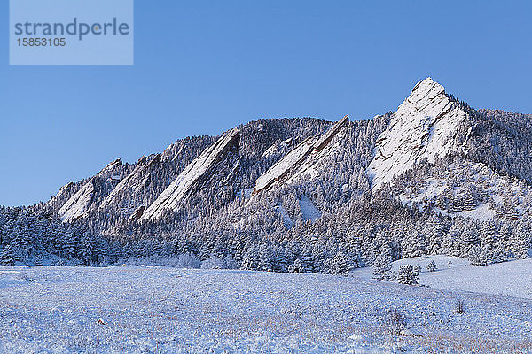 Flatirons und Schneewiese in der Morgendämmerung über Boulder  Colorado