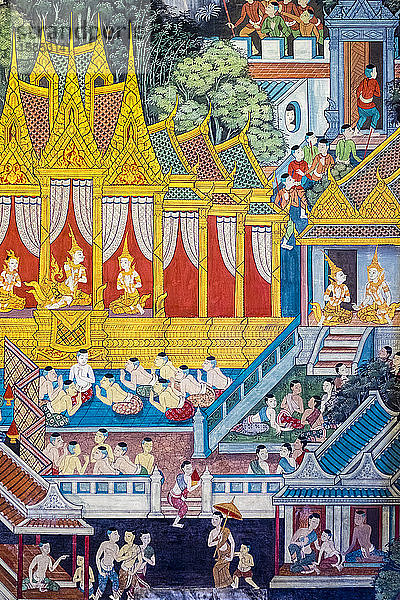 Farbenfrohe Wandmalereien mit Szenen aus dem Leben Buddhas