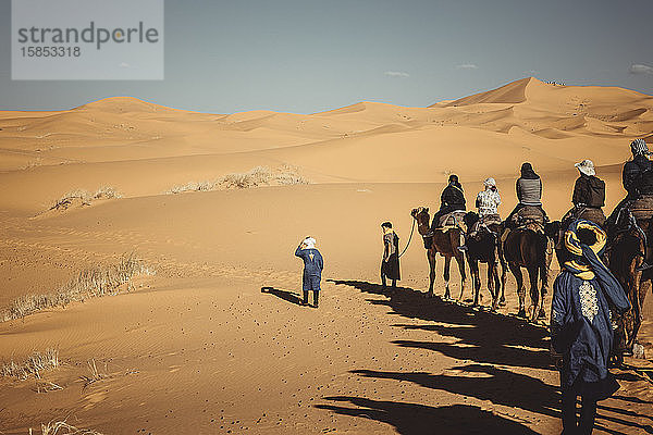 Menschen zu Dromedaren durch die Wüste