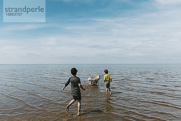 Zwei Brüder und ein Hund spielen im Meer gegen bewölkten Himmel