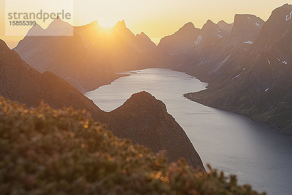Abends im Mai Sonnenlicht über dem Kirkefjord vom Gipfel des Reinebringen  MoskenesÃ¸y  Lofoten-Inseln  Norwegen