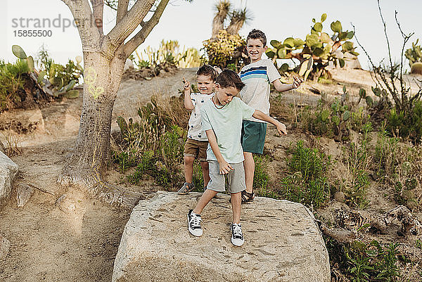 Drei junge Brüder tanzen auf Felsen im sonnigen kalifornischen Kaktusgarten
