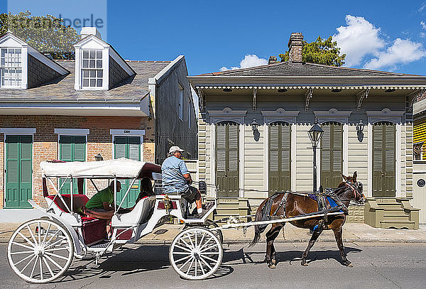 Pferdekutsche und Gebäude auf Bourbon St.  New Orleans  Louisiana  Vereinigte Staaten