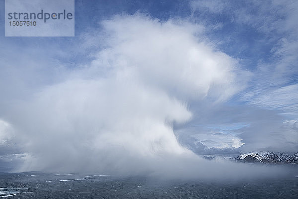 Winterliches Schneegestöber nähert sich vom Meer her  FlakstadÃ¸y  Lofoten-Inseln  Norwegen