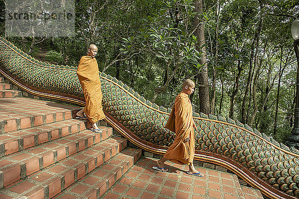 Mönche gehen die Naga-Treppe am Wat Phra That Doi Suthep hinunter