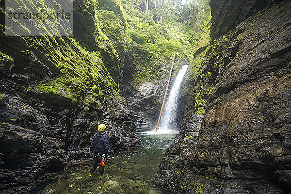 Wanderer schaut hinauf zum großen Wasserfall im Frost Creek Canyon.