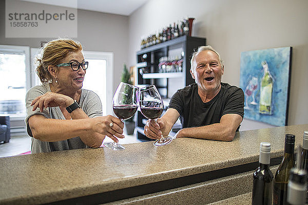 Glückliches Ehepaar im Ruhestand bei einer Weinprobe auf einem örtlichen Weingut.