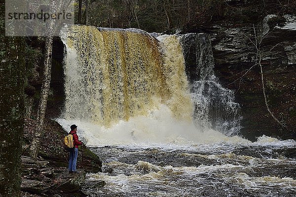 Wanderin bewundert schöne Wasserfälle