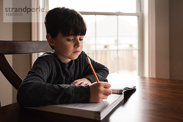 Junge Junge  der zu Hause am Tisch Schularbeiten in einem Arbeitsbuch macht.
