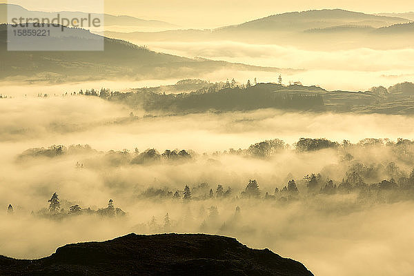 Blick hinunter in das Hawkshead Valley über Talnebel  der durch eine Temperaturinversion am Loughrigg bei Ambleside im Lake District National Park entstanden ist.