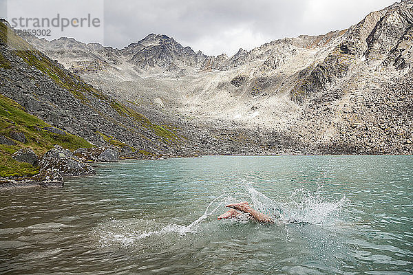 Mann taucht im Upper Reed Lake  Talkeetna-Gebirge  Alaska  zum Schwimmen ein