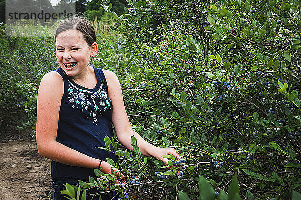 Mädchen lacht  während sie eine frisch gepflückte Blaubeere schmeckt