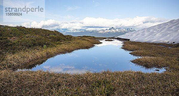 Ein alpiner Teich spiegelt den blauen Himmel und die nahen Berge wider.