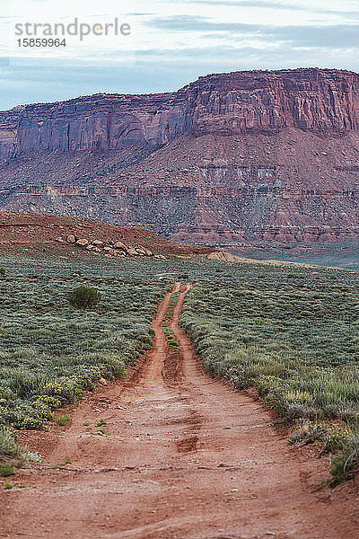 zweigleisiger Feldweg in der Wüste unter roten Felsblöcken von Utah