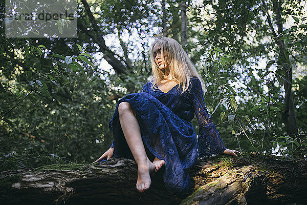 Eine Frau in einem blauen Kleid sitzt auf einem umgefallenen Baum auf der anderen Seite des Flusses