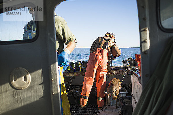 Frau und Hund arbeiten auf einem Muschelboot in der Narragansett Bay