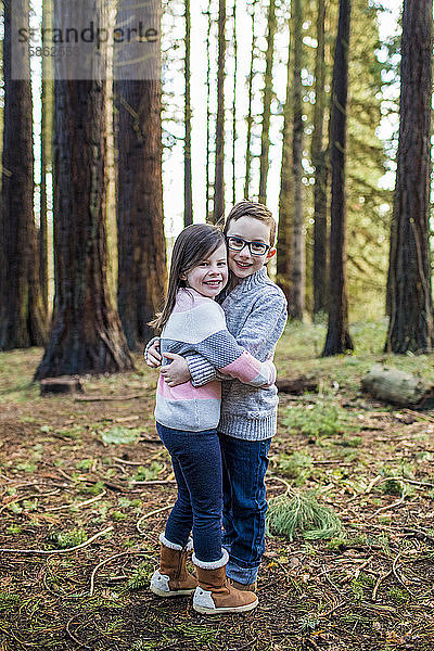 Bruder und Schwester umarmen sich im Wald.