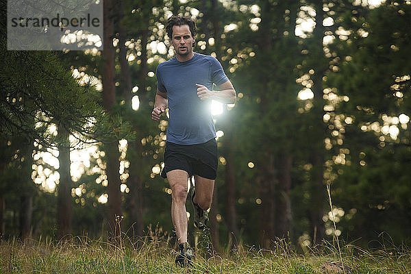 Mann rennt im Gegenlicht durch den Wald in Chautauqua oberhalb von Boulder  Colorado