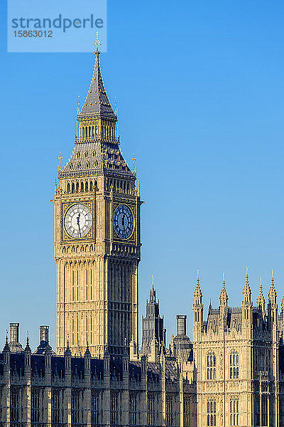Der Glockenturm von Big Ben (Elizabeth Tower) über dem Palace of Westminster  die Häuser des Parlaments des Vereinigten Königreichs  London  England  Vereinigtes Königreich