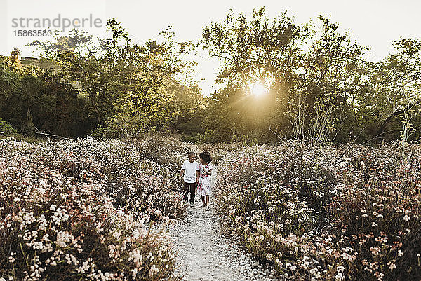 Landschaftsansicht von Bruder und Schwester  die sich an den Händen halten und nach draußen rennen