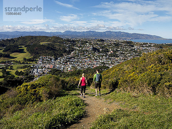 Vororte und Rimutaka Ranges von Kingston mit Paar auf Wanderweg  Wellington  Nordinsel  Neuseeland  Pazifik