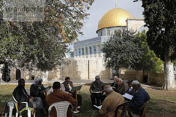 Palästinenser lesen den Koran vor der Al-Aqsa-Moschee  UNESCO-Weltkulturerbe  Jerusalem  Israel  Naher Osten