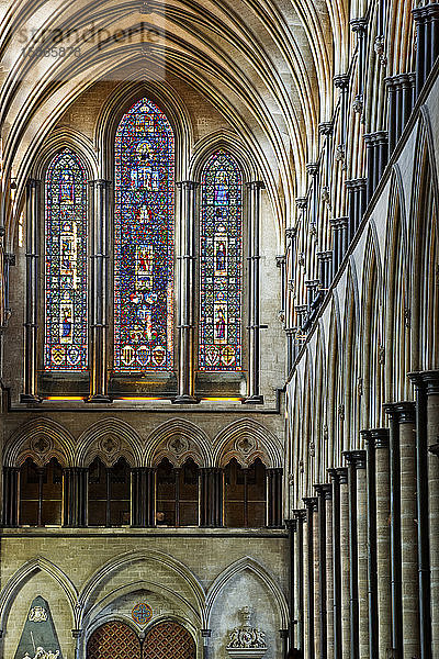 Blick durch das Hauptschiff der Kathedrale von Salisbury auf die Westfassade  Salisbury  Wiltshire  England  Vereinigtes Königreich  Europa