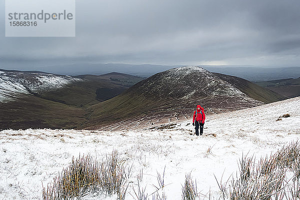 Einsame Wanderin in roter Jacke beim Aufstieg auf einen schneebedeckten Berg im Winter an einem bewölkten Tag  Galty Mountains; County Tipperary  Irland
