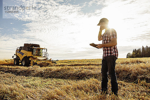 Ein Landwirt telefoniert und nutzt sein Tablet  um bei der Weizenernte zu helfen  während im Hintergrund ein Mähdrescher arbeitet: Alcomdale  Alberta  Kanada
