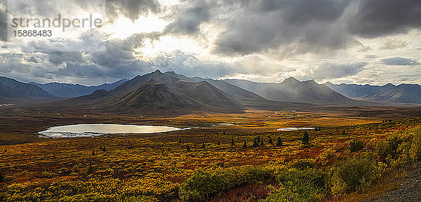Herbstfarben lassen die Landschaft am Dempster Highway in leuchtenden Farben erstrahlen; Yukon  Kanada