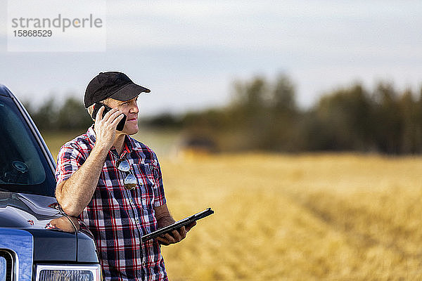 Ein Landwirt telefoniert und nutzt sein Tablet  um bei der Weizenernte zu helfen  während im Hintergrund ein Mähdrescher arbeitet: Alcomdale  Alberta  Kanada