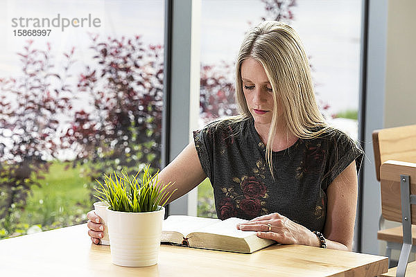 Eine reife Christin studiert ihre Bibel in einem Café: Edmonton  Alberta  Kanada