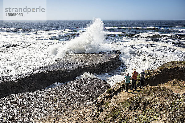Drei Menschen stehen auf einer Klippe und blicken auf die Wellen  die gegen die Felsen im Wilder Ranch State Park schlagen; Kalifornien  Vereinigte Staaten von Amerika