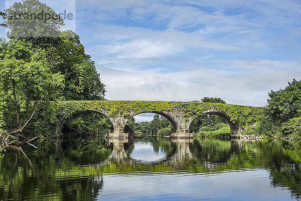 Alte Steinbrücke über den Blackwater-Fluss in Kilavullen  die sich an einem sonnigen Sommertag im Wasser spiegelt; Killavullen  Grafschaft Cork  Irland