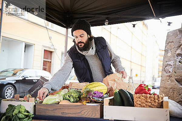 Männlicher Verkäufer arrangiert Gemüse  während er am Marktstand steht