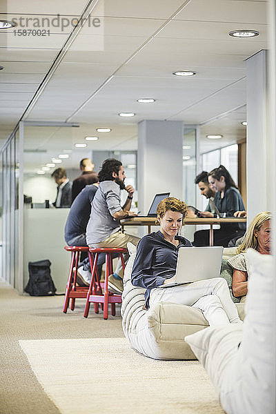 Geschäftsfrau benutzt Laptop  während Kollegen im Hintergrund im Büro arbeiten
