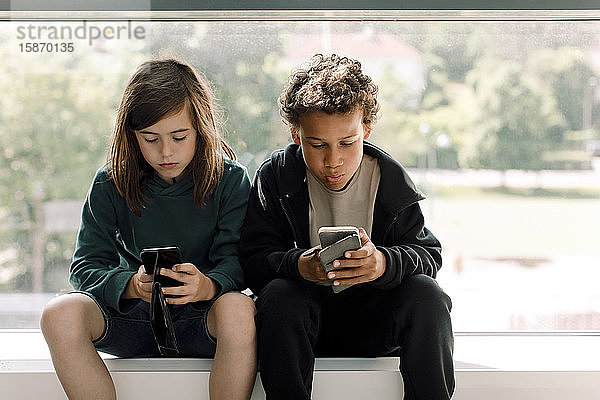 Schülerinnen und Schüler  die in der Schule vor einem Glasfenster sitzen und ein Mobiltelefon benutzen
