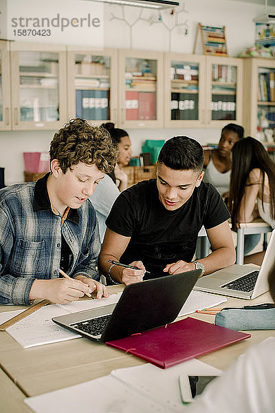 Männliche Studenten studieren  während weibliche Freunde im Hintergrund sitzen
