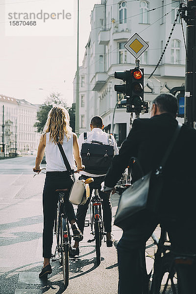 Rückansicht von Geschäftskollegen  die in der Stadt auf der Straße Fahrrad fahren