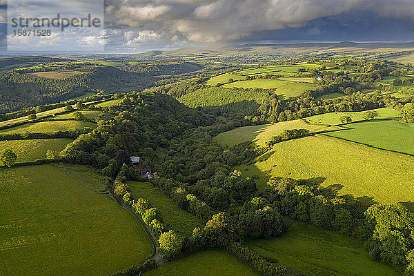 Luftaufnahme einer Drohne von hügeliger Landschaft in der Nähe von Brentor in Devon  England  Vereinigtes Königreich  Europa