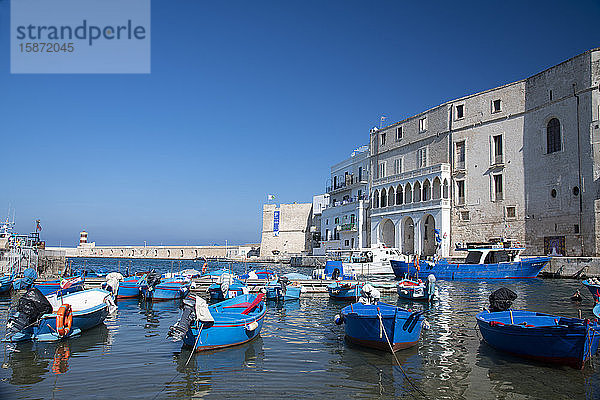 Bunte Holzboote im Hafen von Monopoli  Apulien  Italien  Europa