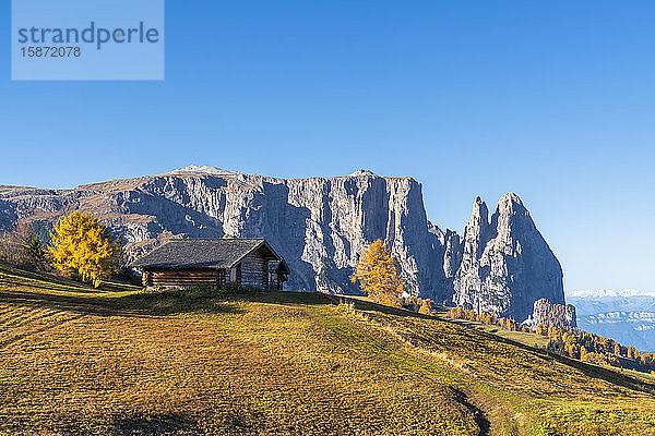 Traditionelle Hütten auf der Seiser Alm im Herbst mit den Schlerngipfeln im Hintergrund  Dolomiten  Südtirol  Italien  Europa