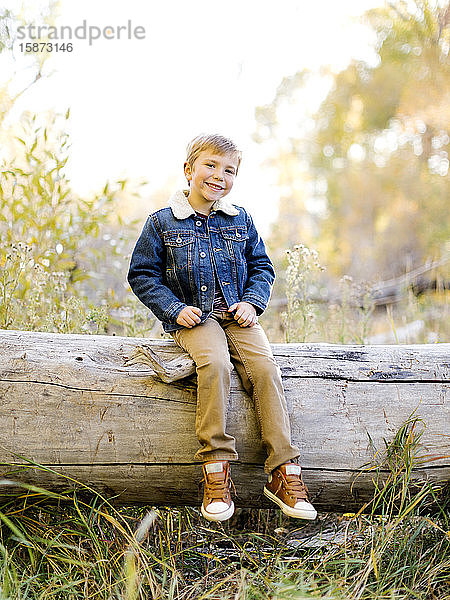 Lächelnder Junge auf Baumstamm sitzend