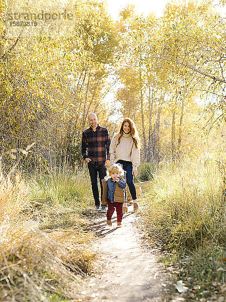 Familie beim Spaziergang auf dem Waldweg