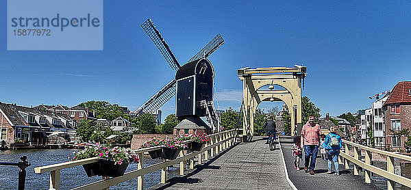 Stadt Leiden  Provinz Südholland  Niederlande  Europa - Windmühle 'De Put'  auch bekannt als Rembrandts Windmühle  und die Zugbrücke über den Galgewater-Kanal  Die Stadt Leiden ist bekannt für ihre weltliche Architektur  ihre Grachten  ihre Universität von 1590  die Geburtsstadt von Rembrand  die Stadt  in der im 16.