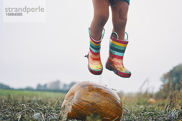 Die Füße eines Kindes in gestreiften Gummistiefeln  das auf einem Feld über einen Kürbis springt.